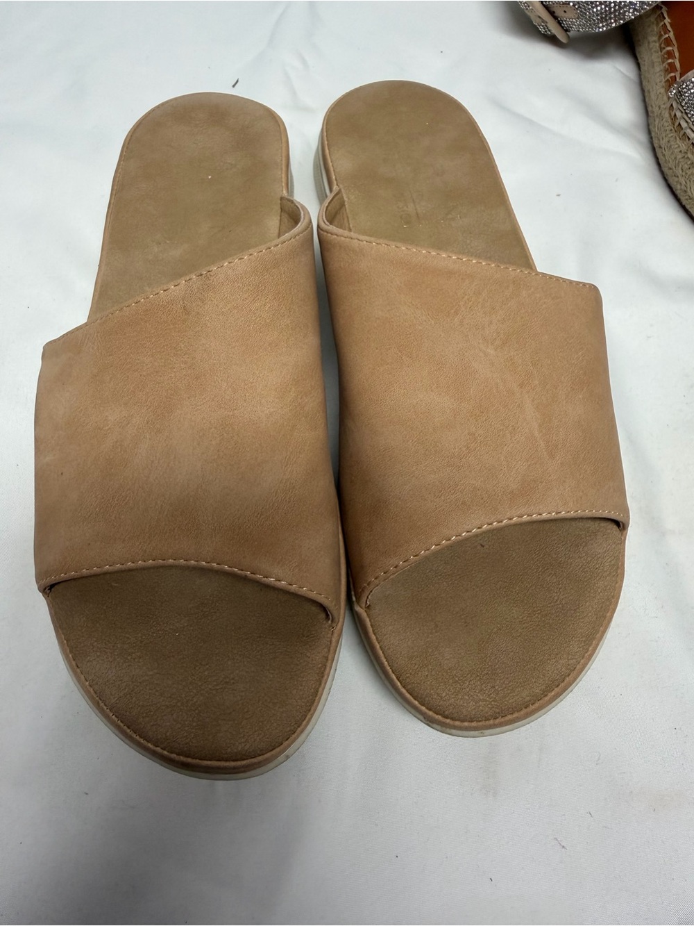 Taryn Rose Tan Slide Mules with Wide Cross Strap